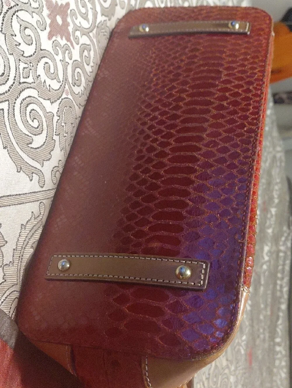 Dooney & Bourke Glossy Red Faux-Snakeskin Hobo with Brown Trim & Wallet